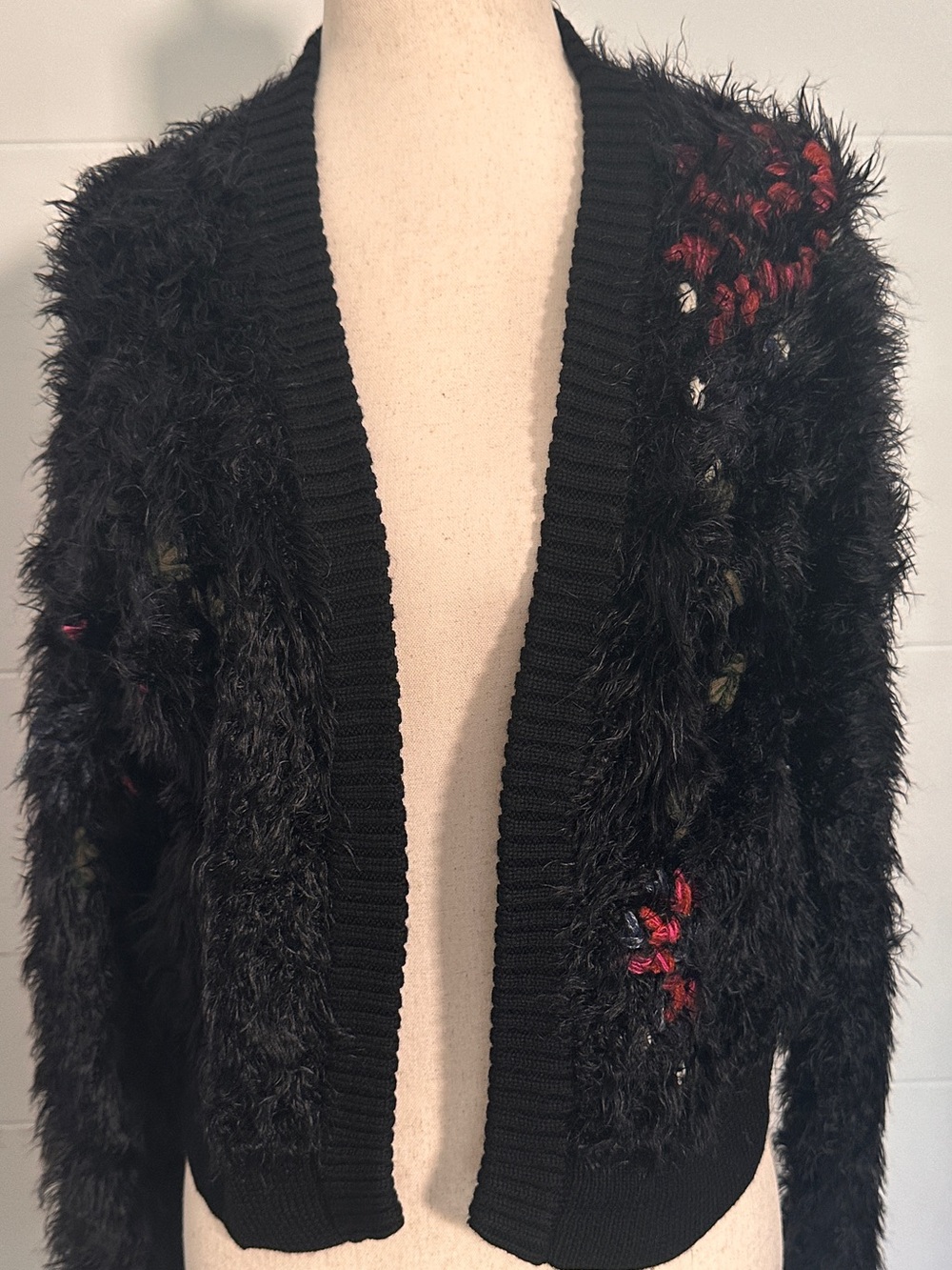 Free People Black Fuzzy Open-Front Cropped Cardigan S